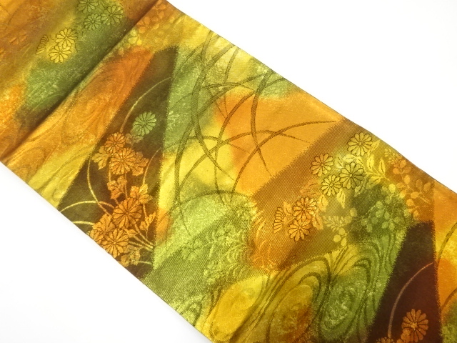 芝草に菊・流水模様織り出し　袋帯